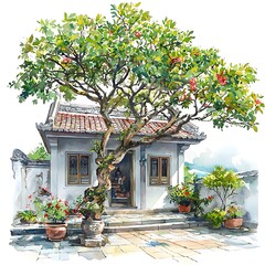 Wall Mural - Watercolor Painting of a Tranquil Asian House with Lush Greenery.