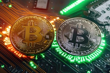 Poster - A close-up of two Bitcoin coins, one gold and one silver, sitting on a circuit board with colorful LED lights highlighting the intricate details, financial technology concept.