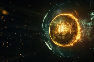 Poster - Glowing Bitcoin hovering above a digital Earth, symbolizing the global impact and future of decentralized cryptocurrency in a technologically advanced financial system.