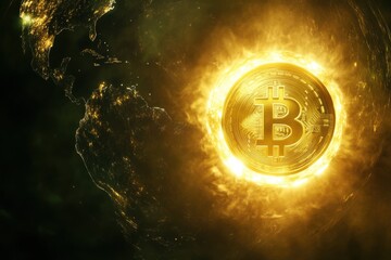 Poster - Bitcoin illuminating Earth, representing global digital currency adoption and financial revolution, highlighting decentralized blockchain technology and the future of global economy.