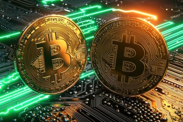 Poster - Two Bitcoin coins, illuminated by green and orange lights, resting on a detailed circuit board representing digital finance and the convergence of cryptocurrency and technology.