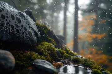 Poster - A close-up shot of a moss-covered rock with water droplets glistening on its surface