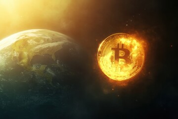 Poster - Burning Bitcoin facing Earth, symbolizing digital currency's global financial revolution and potential impact on the world economy through blockchain technology innovation.