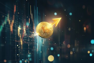 Poster - Dynamic Bitcoin display featuring a golden coin with an upward arrow, illustrating cryptocurrency growth within the financial market, innovative investment trends depicted.