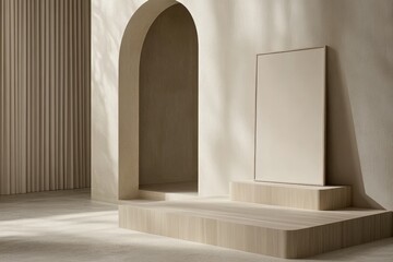 Poster - Minimalist Interior Design with Arch and Large Mirror in Neutral Hues