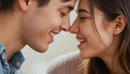 Wall Mural - A pair of young individuals lean toward each other, their faces nearly touching as they exchange warm smiles. The cozy atmosphere enhances the intimacy of this heartfelt connection