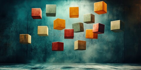 Aufkleber - Colorful Floating Cubes in a Mysterious Atmospheric Space