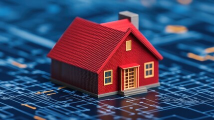 Leinwandbilder - Miniature Red House on Digital Blue Circuit Background