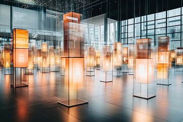 Poster - Modern Art Installation Featuring Illuminated Structures in Gallery