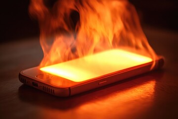 Poster - A cell phone engulfed in flames on a surface, warning of danger or emergency