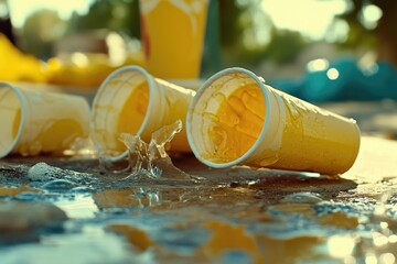 Poster - A group of yellow cups sitting on top of a puddle of water