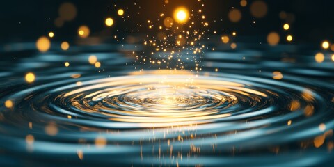 Poster - Glowing Particles Above Calm Water Surface Creating Beautiful Ripples