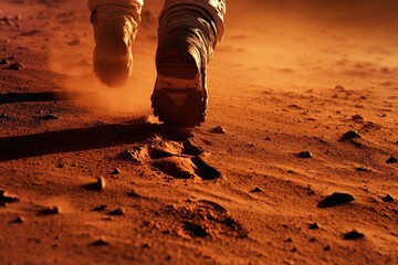 Poster - A person walking across a dirt-covered field