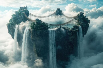 Poster - A picturesque scene of a bridge spanning across a waterfall, situated in the midst of fluffy white clouds