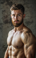 Wall Mural - a muscular man with a well-defined upper body, standing against a textured gray background. He has short, styled hair and a full beard, and his physique is prominently displayed.