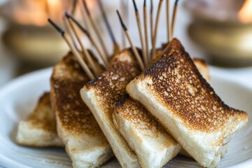 Poster - A plate of grilled cheese sandwich served with toothpicks, perfect for a casual gathering or party