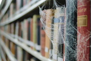 Poster - Spider web hangs from bookshelf in a quiet library setting, ideal for illustrations of eerie atmosphere or mysterious scenes