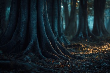 Wall Mural - A cluster of trees standing together in a wooded area, with foliage and trunks prominent