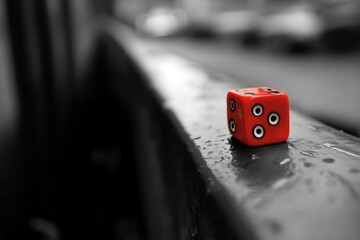 Poster - A single red dice sits atop a metal rail, simple and bold