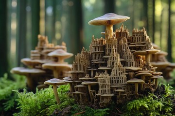 Poster - A cluster of mushrooms growing on the forest floor, surrounded by lush green foliage