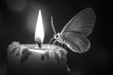 Poster - A colorful butterfly perches on the edge of a candle, surrounded by soft light and gentle warmth