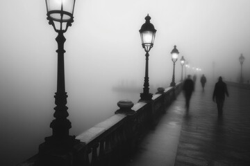 Aufkleber - A group of people crossing a bridge in monochrome