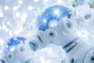 Poster - Two robot heads with glowing lights in the background, suitable for sci-fi or technology-themed projects
