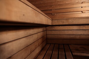 Wall Mural - Empty wooden sauna with bench. Luxury relax