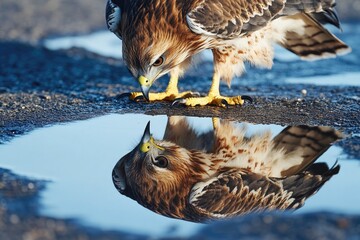 Poster - A brown and white bird stands on the edge of a small puddle of water, looking around