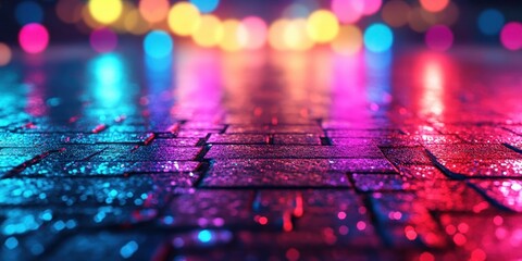 Poster - Colorful Bokeh Lights Reflected on Wet Brick Pavement at Night