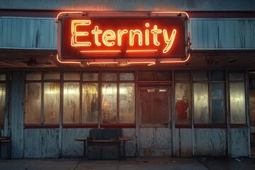 Aufkleber - A bright neon sign reading 'Eternity' stands outside a building, perfect for use in cityscape or urban design illustrations
