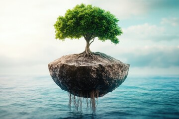 Poster - A tree stands alone on top of a rock in the middle of the ocean, surrounded by calm waters