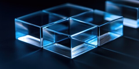 Poster - Blue glass cubes arranged on dark background.