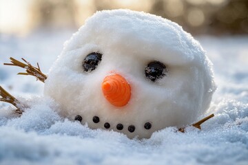 Wall Mural - A close-up shot of a snowman's face with a bright orange carrot nose