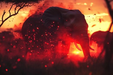 two elephants standing in green grass, with a natural environment