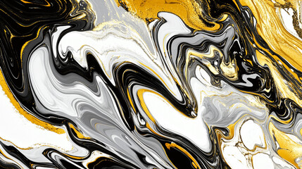 Wall Mural - abstract fluid art design with swirls of black, white, grey, and gold colors.