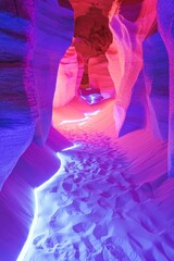 Aufkleber - A person navigates through a narrow slot in a canyon, with rugged terrain and rock formations on either side