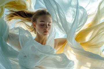 Wall Mural - A woman with her eyes closed enjoying the windy weather, suitable for use as a background image or to represent freedom and relaxation