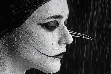 Poster - A black and white photo of a woman walking in the rain, looking up towards the sky