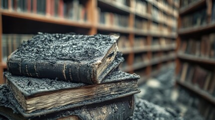 Aufkleber - A tall stack of books sits atop another stack, showcasing layers of literary material
