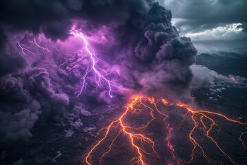 Poster - Aerial view of a volcanic eruption with lightning illuminating the dark sky and molten lava flowing down the sides