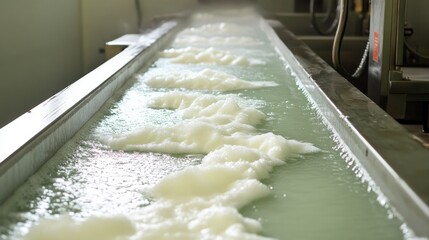 Poster - Advanced conveyor belt cleaning equipment with foam-based scrubbing technology and waste drainage.