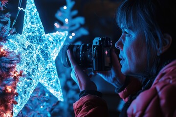 Poster - A woman holds a camera to capture the festive atmosphere of a decorated Christmas tree