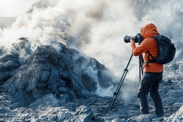 Aufkleber - A person capturing the majestic view of a volcano on camera