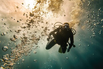 Sticker - A person in a wetsuit dives underwater, suitable for use in travel or adventure images