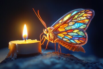 Aufkleber - A colorful butterfly perched on the edge of a candle, its delicate wings spread wide
