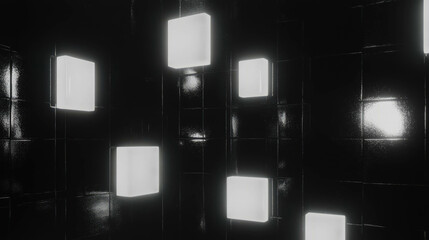 Poster - Futuristic neon square pattern on black brick wall for modern interior design