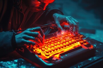 Poster - A person working on a computer, illuminated by a red light