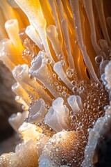 Canvas Print - A detailed view of a flower with water droplets glistening on its petals, suitable for use in designs about nature, beauty, or serenity