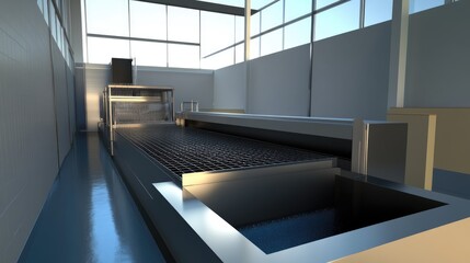 Poster - Automated tray washing and drying system with a high-speed conveyor and energy-efficient heating.
